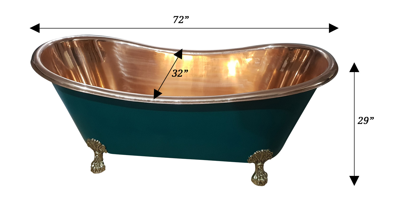 Copper Bathtub RAL 6004 Blue-Green Exterior & Brass Clawfoot Legs